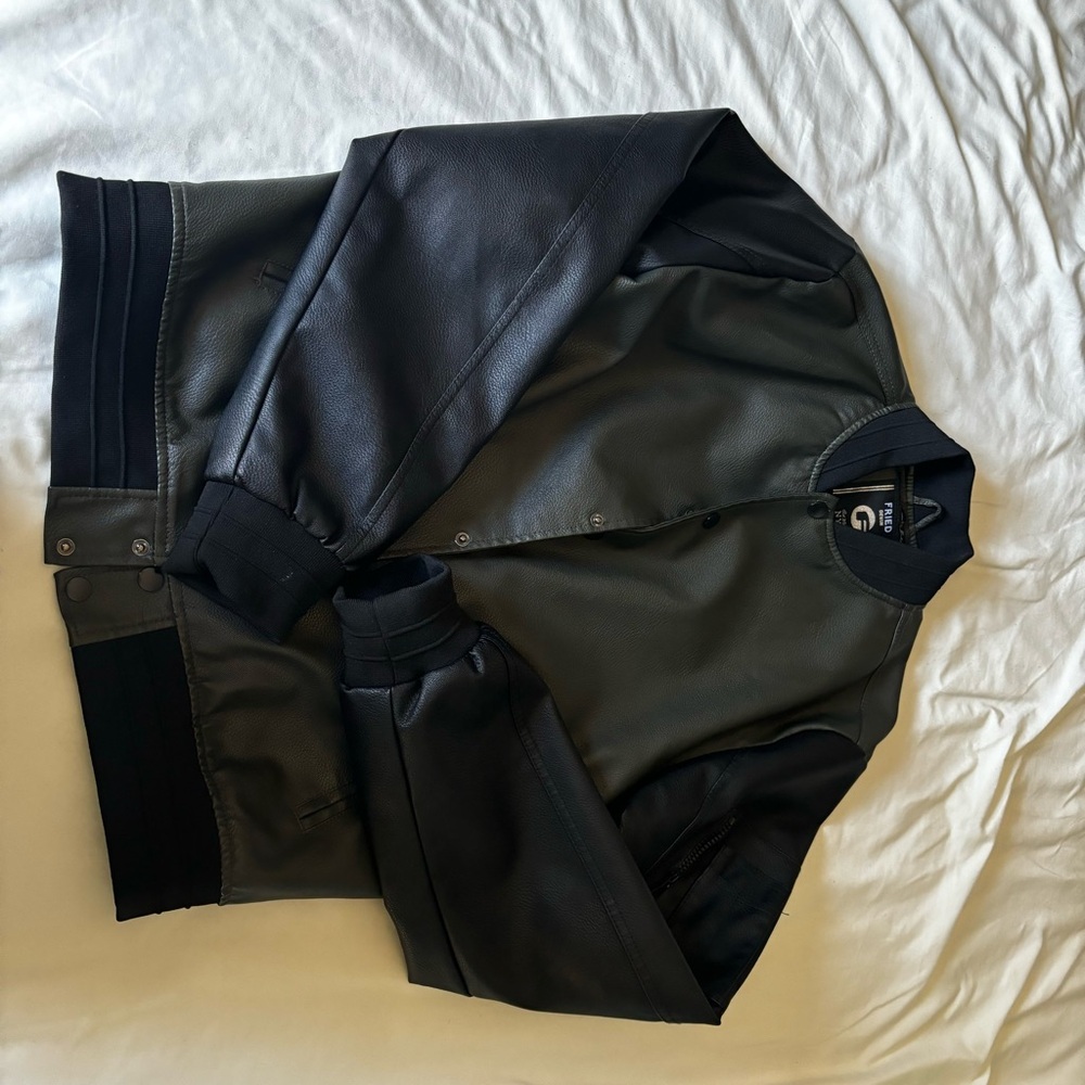 Dark olive green and black leather jacket